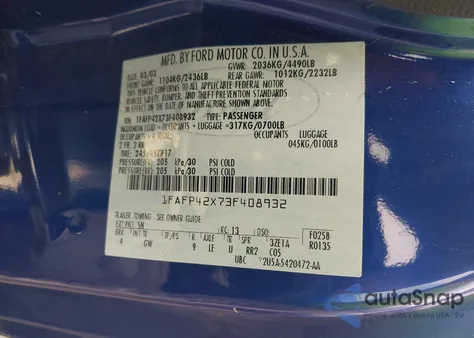 2003 Ford Mustang Gt z USA, uszkodzony, nr VIN 1FAFP42X73F408932